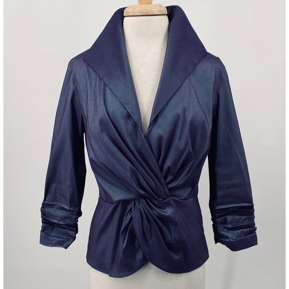 Tadashi Shoji Taffeta Twist Front Blouse Dramatic Wing Collar Slate Blue 14 - Picture 6 of 13